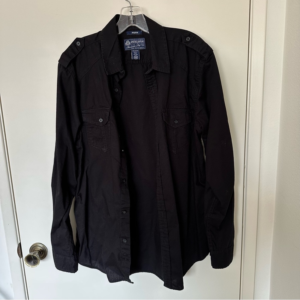 American Rag men’s long sleeve black cotton casual button down shirt size medium